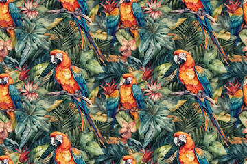 Wall Mural - tropical background with seamless pattern with parrots in jungle. generative ai illustration