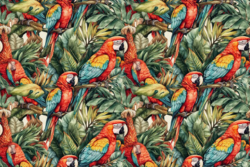 Wall Mural - seamless background with pattern of birds parrots in jungle. generative ai illustration