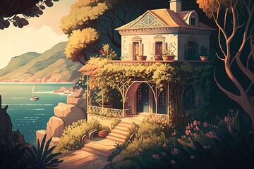 Wall Mural - A Delightful Escape to the Enchanting Villas: An Illustrated Adventure Generative AI