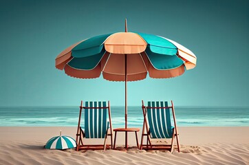 Beach Umbrella Colorful With Chairs Generative AI