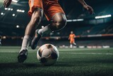 Fototapeta Sport - Soccer player kicking the ball in stadium, football (Ai generated)