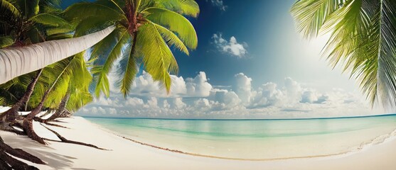 Wall Mural - Panoramic Banner Beautiful Beach Vacation With Palm Trees Generative AI