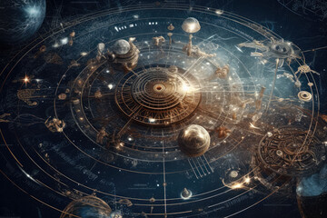 outer space environment, semi transparent astrology symbols, background design, ai generative