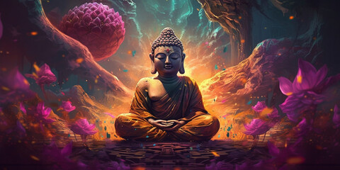 Buddha sitting in lotus position Surreal Digital Illustration Generated AI