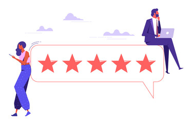 People Characters Giving Five Star Feedback, vector customer review concepts, reviews stars with good and bad rate and text. Vector Illustrations