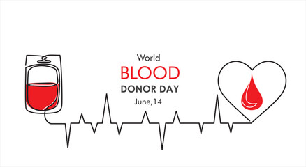 Wall Mural - World blood donor day. June,14. One continuous single line of blood donation bag with tube shaped a pulls and heart isolated on white background.