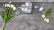 Korb mit pastellfarbenen Ostereiern dekoriert mit Blumen nd Weidekätzchen auf einem schäbigen Holzhintergrund mit Textfreiraum.