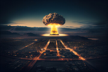 aerial view of atomic mushroom after a nuclear explosion, explosion near a city made with Generative AI