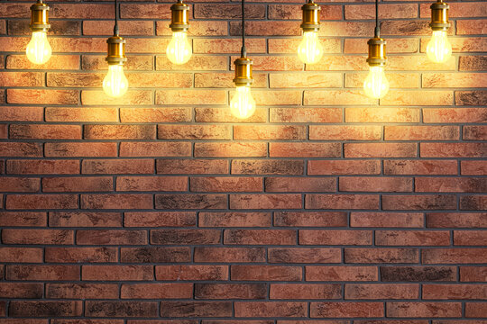 Wall Mural - Many pendant lamps against red brick wall