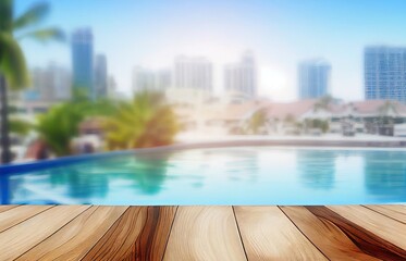 Wall Mural - Wooden Deck Vacation City Backdrop And Copy Space Generative AI