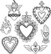 Sacred hearts set. Milagros, Mexican lucky charms. Hand drawn vector illustration isolated on background. Outline stroke is not expanded, stroke weight is editable.