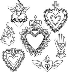 sacred hearts set. milagros, mexican lucky charms. hand drawn vector illustration isolated on backgr