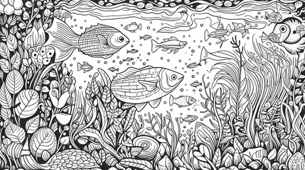 Black and white illustration of fish. Coloring book antistress for children and adults. Illustration isolated on white background - Generative AI technology
