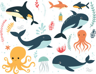 Sticker - set of sea animals, marine life in flat style isolated vector