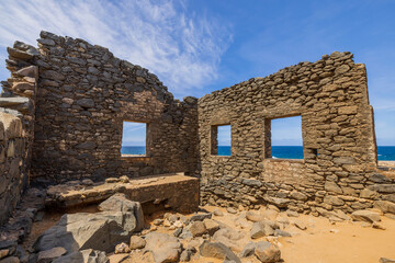 Beautiful historical view of ruins of Bushiribana gold smelter in national park on island of Aruba.