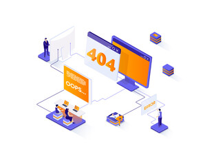Leinwandbilder - 404 error isometric web banner. System updates, internet disconnect isometry concept. Web page not found 3d scene, site undergoing maintenance flat design. Illustration with people characters.