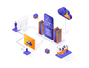 Leinwandbilder - Datacenter technology isometric web banner. Internet hosting platform isometry concept. Data center computing, cloud database service 3d scene, flat design. Illustration with people characters.