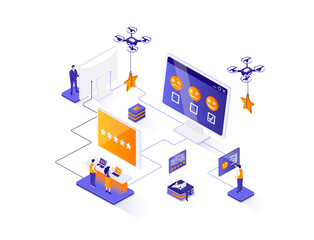 Leinwandbilder - Best feedback isometric web banner. Online customers opinion, rating and review isometry concept. Social media marketing 3d scene, feedback comment design. Illustration with people characters.