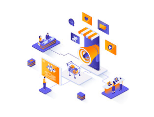 Leinwandbilder - Mobile marketing isometric web banner. Mobile platform for advertising and promotion isometry concept. Online marketing strategy 3d scene, flat design. Illustration with people characters.