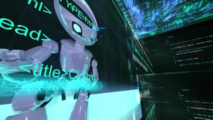 Wall Mural - robot ai siting in background with modern hud interface and programming language code