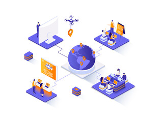 Leinwandbilder - Outsourcing company isometric web banner. Remote workforce and freelancers recruiting isometry concept. Outsourcing software development 3d scene design. Illustration with people characters.