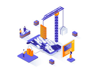 Leinwandbilder - Real estate isometric web banner. Residential and commercial real estate property isometry concept. Engineering and construction company 3d scene design. Illustration with people characters.