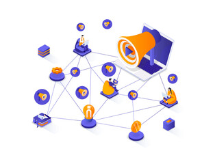 Leinwandbilder - Referral marketing isometric web banner. Social network promotion isometry concept. Attraction of new customers 3d scene, referral program flat design. Illustration with people characters.