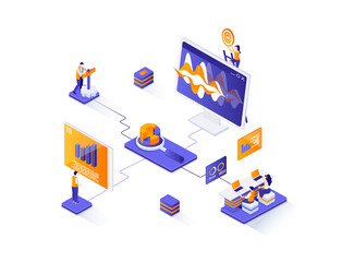 Poster - SEO optimization isometric web banner. Internet analytics, online research isometry concept. Website optimization for relevant searches 3d scene design. Illustration with people characters.