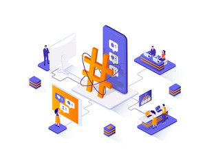 Leinwandbilder - Social network isometric web banner. Internet community communication isometry concept. Social media content sharing 3d scene, posting message flat design. Illustration with people characters.