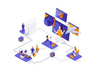 Leinwandbilder - Travel agency isometric web banner. Tour operator isometry concept. Online booking service, comfortable air transportation 3d scene, airport boarding design. Illustration with people characters.