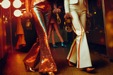 Closeup legs of people dancing in a disco surrounded by lights in colorful shiny clothes and trendy metallic shoes in 70s style. Ilustration, Generative AI