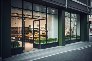 Wall Mural - Contemporary grocery store exterior with a large window display showcasing fresh produce, inviting customers to explore the clean, modern interior. Generative AI