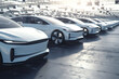 New self driving cars fleet waiting to be exported, large amounts of electric vehicle in dealership parking