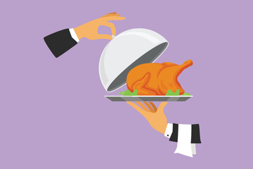 Character flat drawing open tray cloche with roasted chicken in hand. Restaurant plate in elegant waiter hand. Food serving tray for cafe, restaurant, food delivery. Cartoon design vector illustration