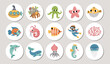 Cute under the sea round cards set with dolphin, whale, starfish, octopus. Vector ocean life highlight icons. Aquatic design for tags, ads, social media with diver, squid, hermit crab, jellyfish.