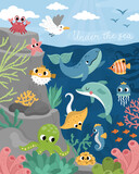 Fototapeta Pokój dzieciecy - Vector under the sea landscape illustration with rock slope. Ocean life scene with animals, dolphin, whale, shark, seagull, sun. Cute vertical water nature background or card for kids.
