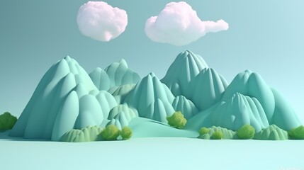 Pastel green mountain landscape with forest and clouds on blue sky background. 3D rendering