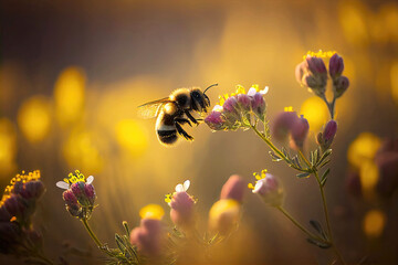 Honey bee flying in flower field (Generative AI)