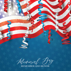 Wall Mural - Memorial Day banner. Waving USA flag. National celebration concept. Vector illustration.