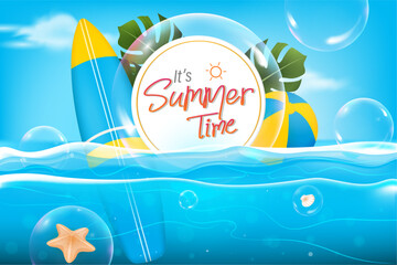 Wall Mural - Fresh sunny summer background with beach accessories floating in blue ocean and circle frame space for text