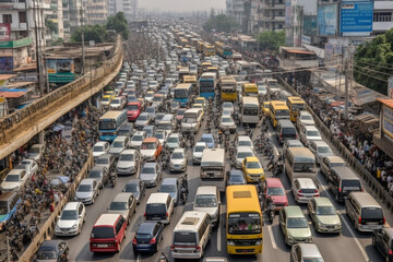 An illustration of a chaotic traffic jam on a busy highway, with vehicles at a standstill. Ai generated.