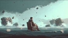Man Sitting On Armchair In The Sea With Rocks Floating In The Sky, Digital Art Style, Illustration Painting, Generative AI