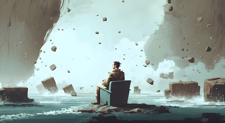 man sitting on armchair in the sea with rocks floating in the sky, digital art style, illustration painting, Generative AI