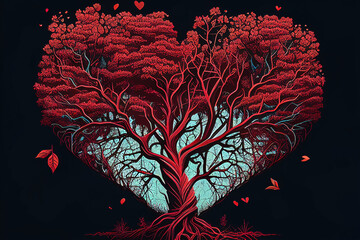 Poster - Romantic tree illustration with red heart-shaped branches for Valentine's Day