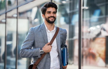 Wall Mural - Stylish businessman on the way to office. Business, education, lifestyle concept