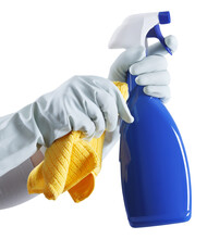 Cleaning service and solutions. Hands with gloves, rags and spray bottle isolated on white background, search cleaning company on web online for a quote and support. Shopping cleaning products online.