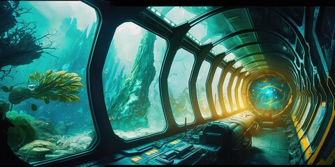 Wall Mural - futuristic interior of spaceship inside of hallway. superlative generative ai image.
