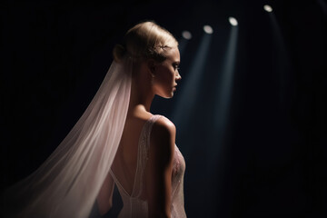 Gorgeous woman wearing a thin translucent silk veil on the catwalk at a fashion show created with generative AI technology.