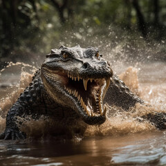 Wall Mural - A fierce crocodile running wildly in the water