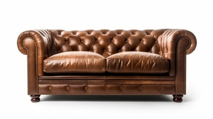 Brown soft leather luxurious sofa isolated white background Generative AI